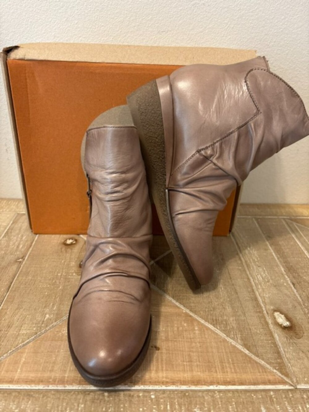 NEW Miz Mooz Mayleen Leather Ruched Wedge Boots Beige EU 38 US 7.5-8